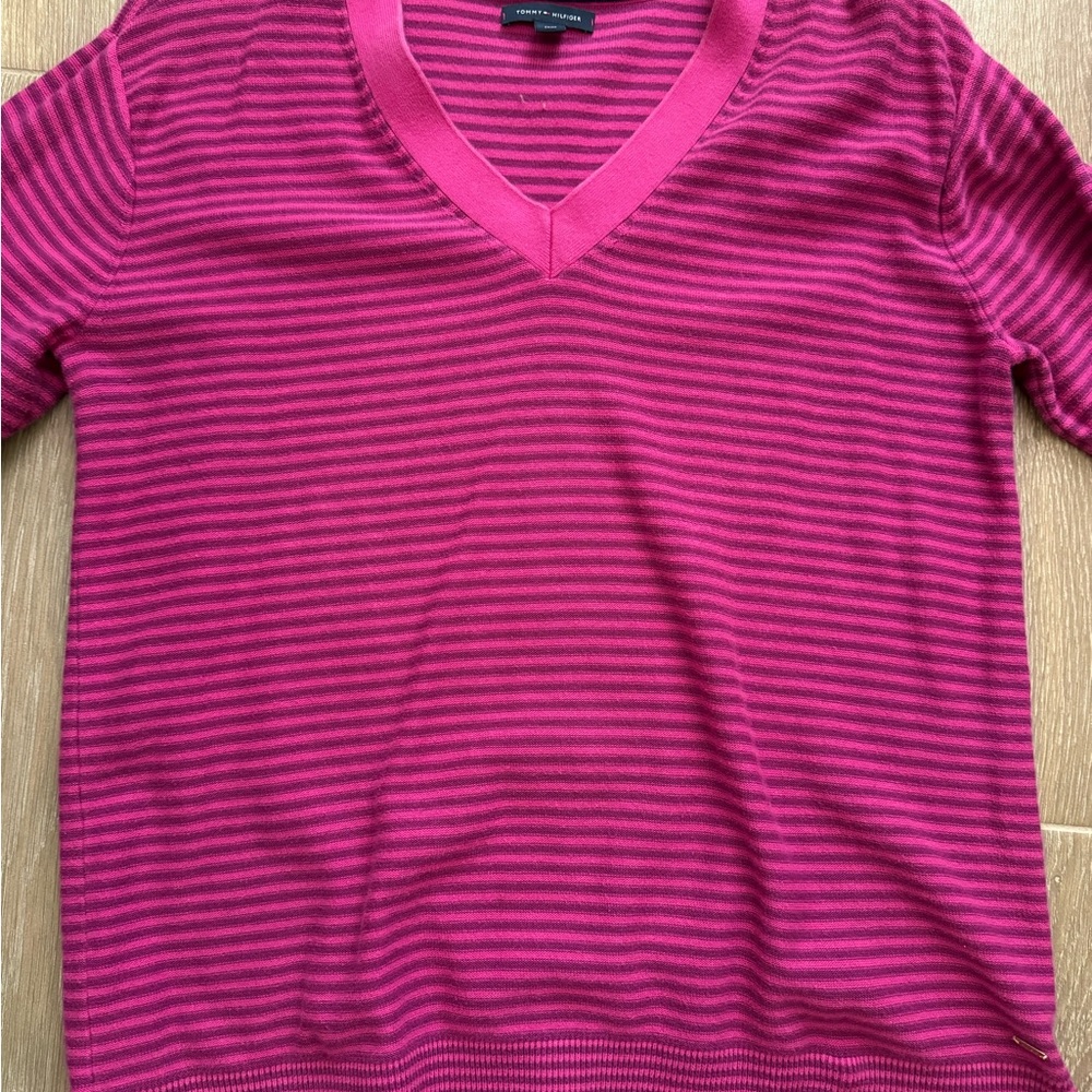 Pink Striped Tommy Hilfiger V-Neck Sweater